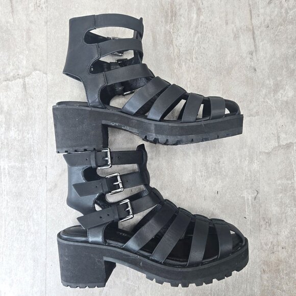Aldo Fisherman Sandals Sz 7 Black Leather Grunge Goth Strappy Caged Chunky Lug - Picture 5 of 12
